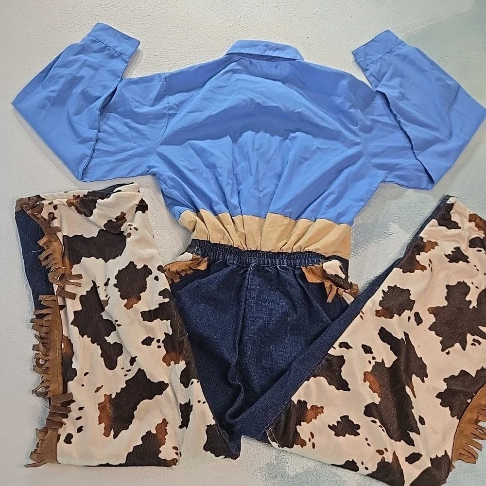 VTG Kids Cowboy Costume 8-10Y Western Woody‎ Denim Jumpsuit Chaps Cow Toy Story